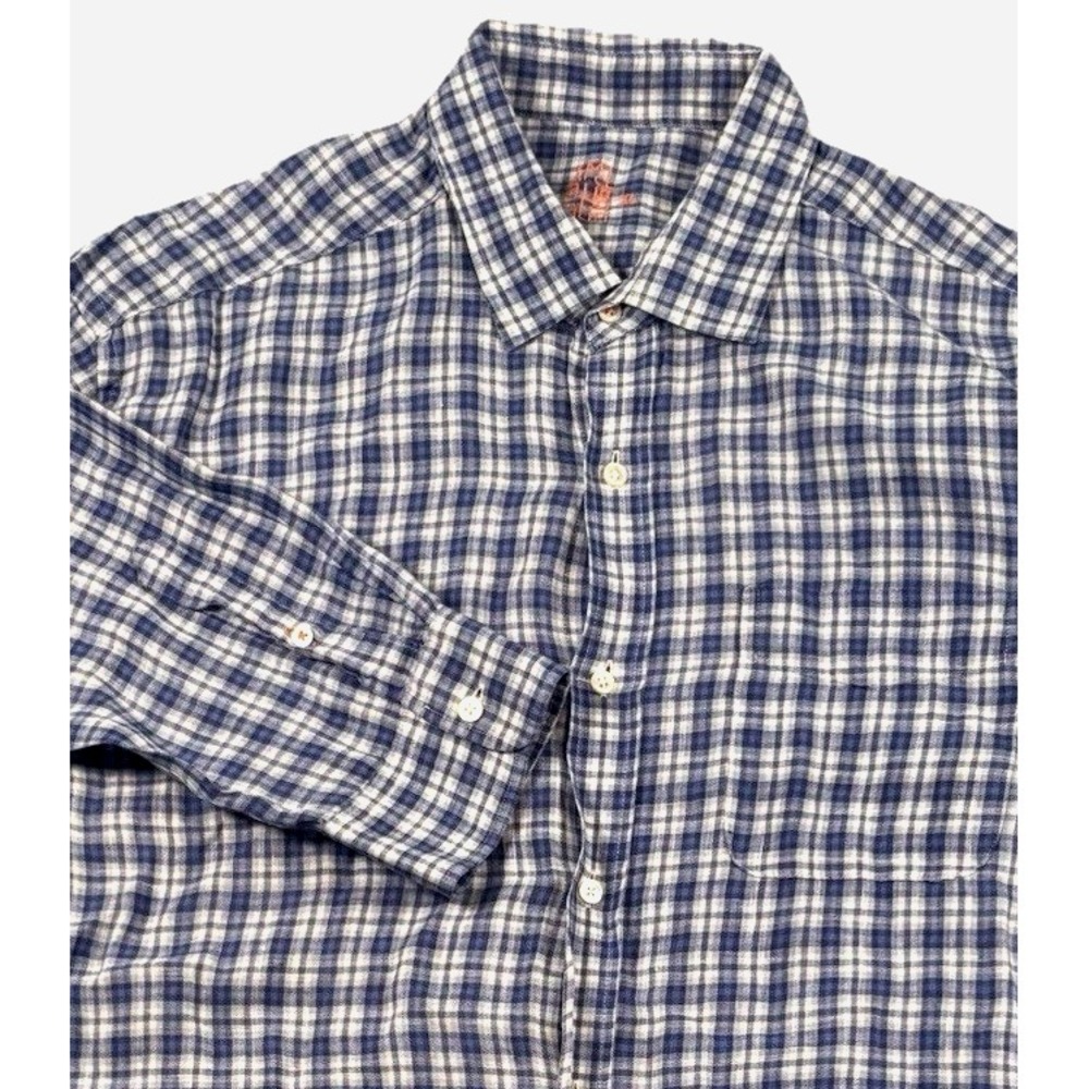 J Mclaughlin Shirt Mens‎ 100% Linnen Plaid Button Up Long Sleeve Pocket Blue - Picture 8 of 8